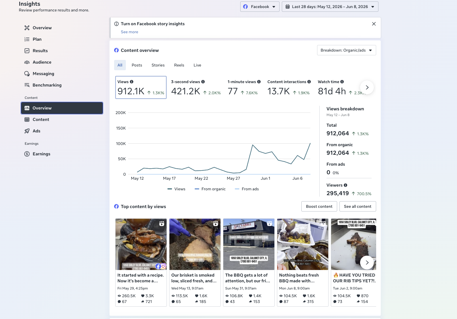 Bill's Grill Facebook insights — 912K views in 28 days